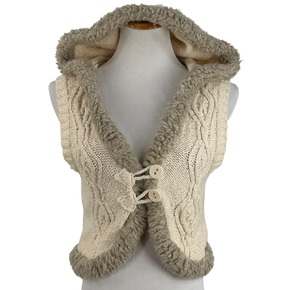 Vtg Y2K Old Navy Cream Cable Knit Faux Shearling Trim Hooded Boho Sweater Vest L - Picture 4 of 16